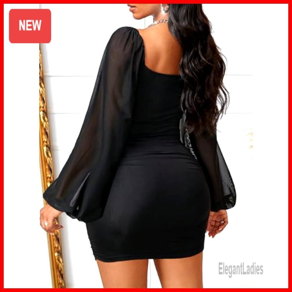 Mesh Bodycon Dress with Puff Sleeves, Cut Out Design, Ruched Mini for Party - Picture 2 of 7